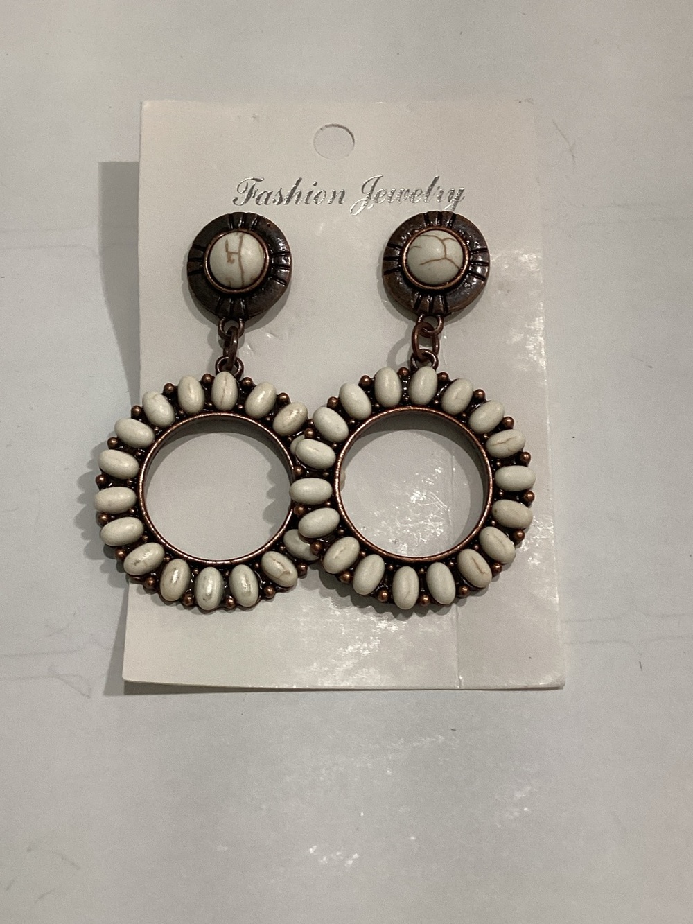 Fashion Jewelry White Beaded Copper Hoop Drop Earrings